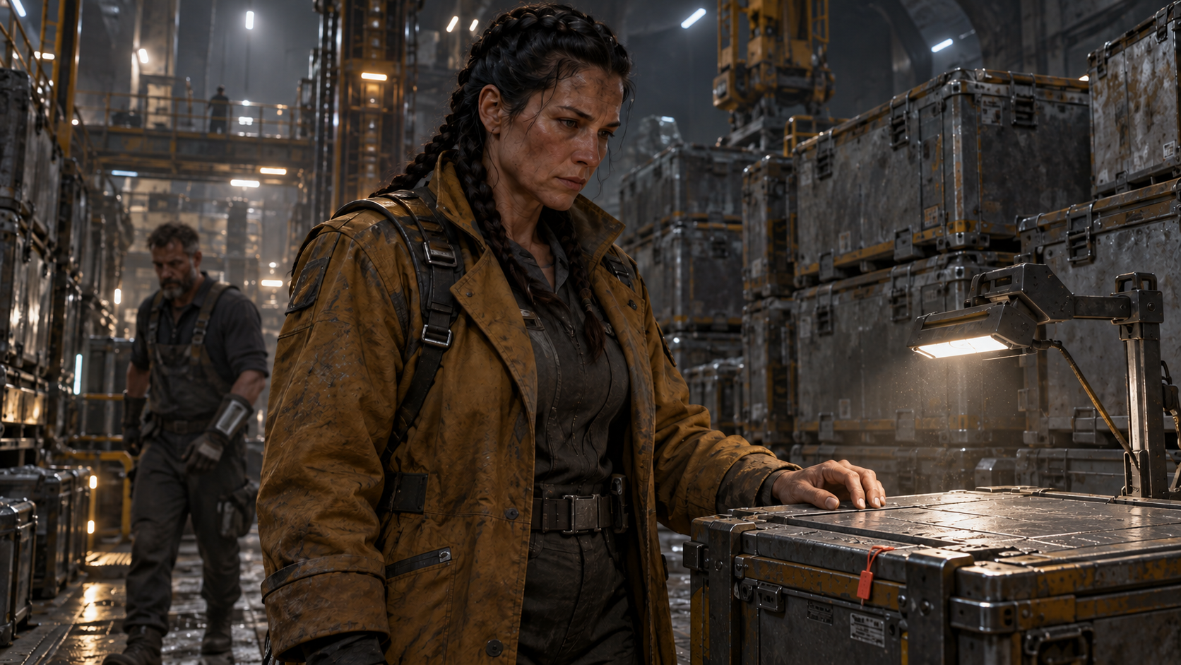 Jade rests her hand on a sealed sample bin in the mining barge's hold.
