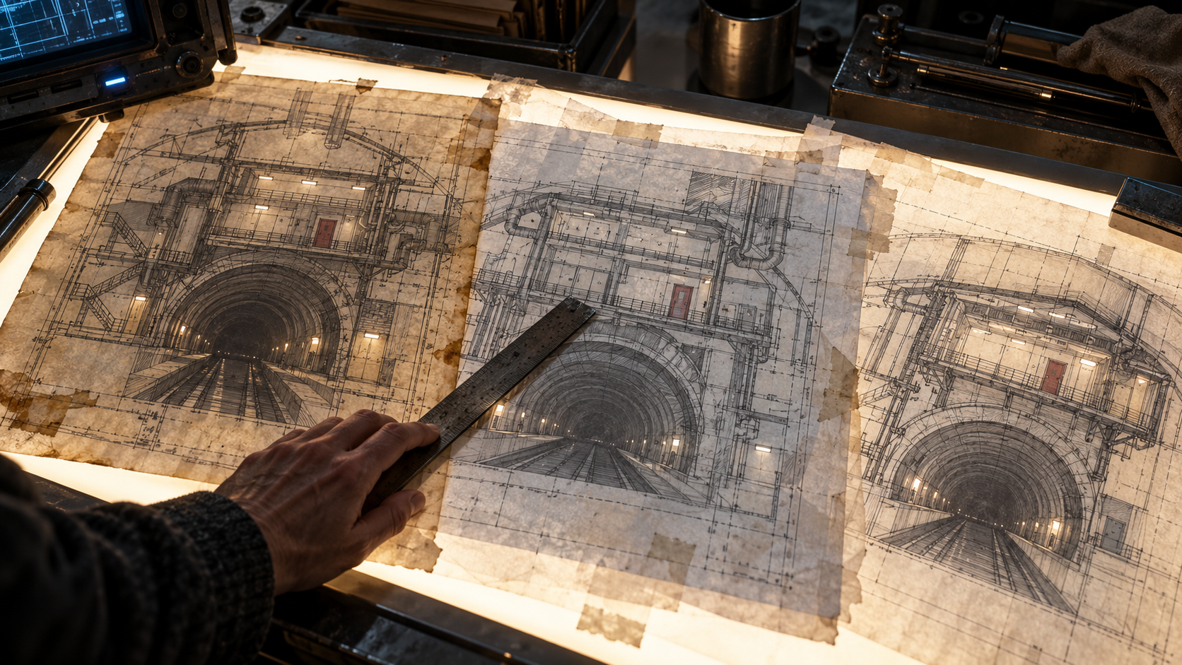 Layered archive drawings show conflicting versions of a station passage.