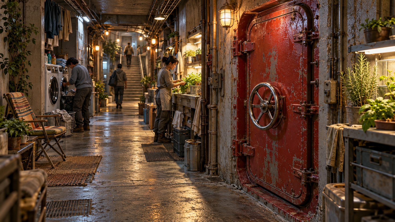 Residents live beside herbs, laundry and a handwheel refuge door in an Argos terrace.
