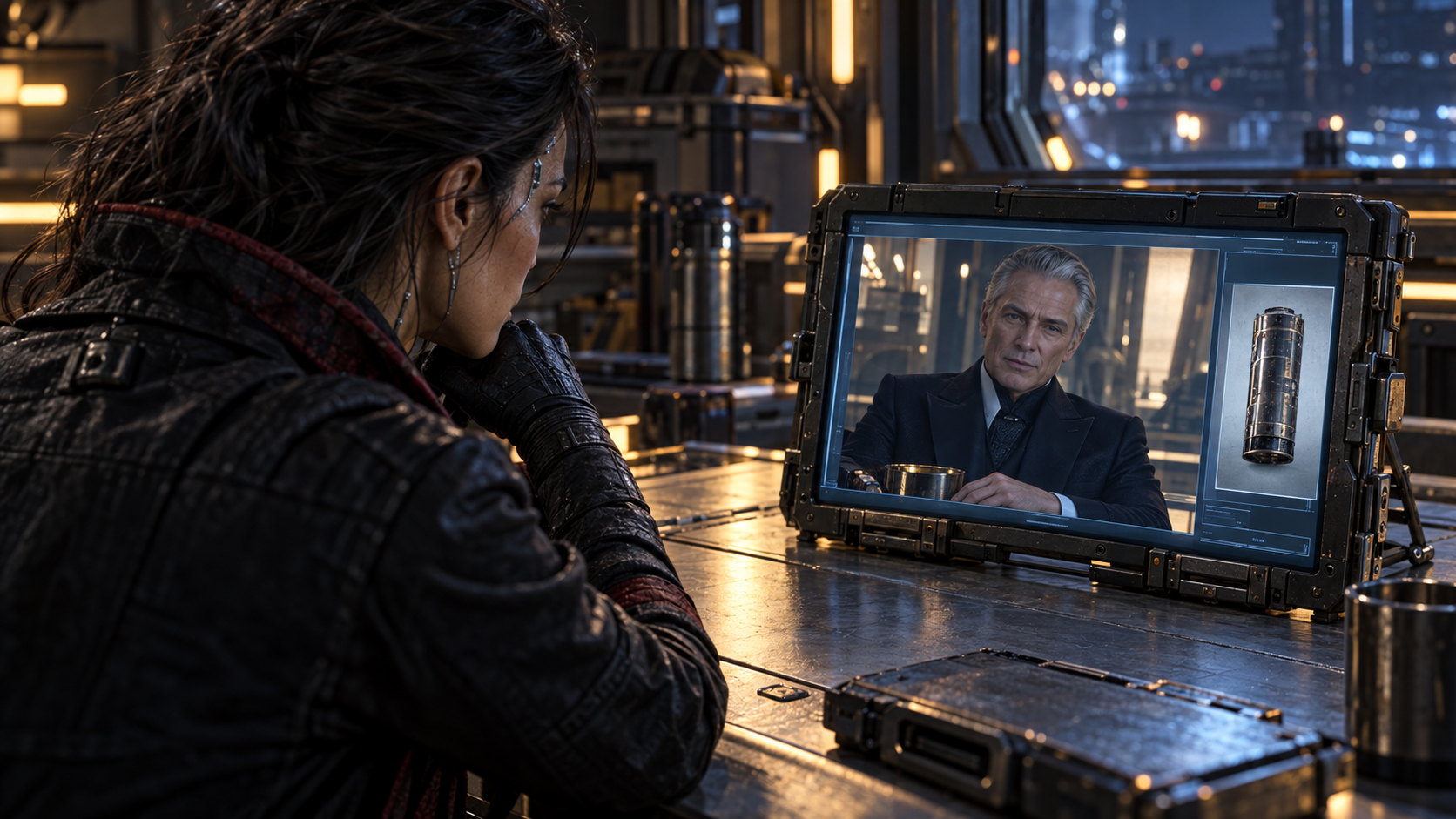 Leila speaks to Darius through a shipboard video terminal.