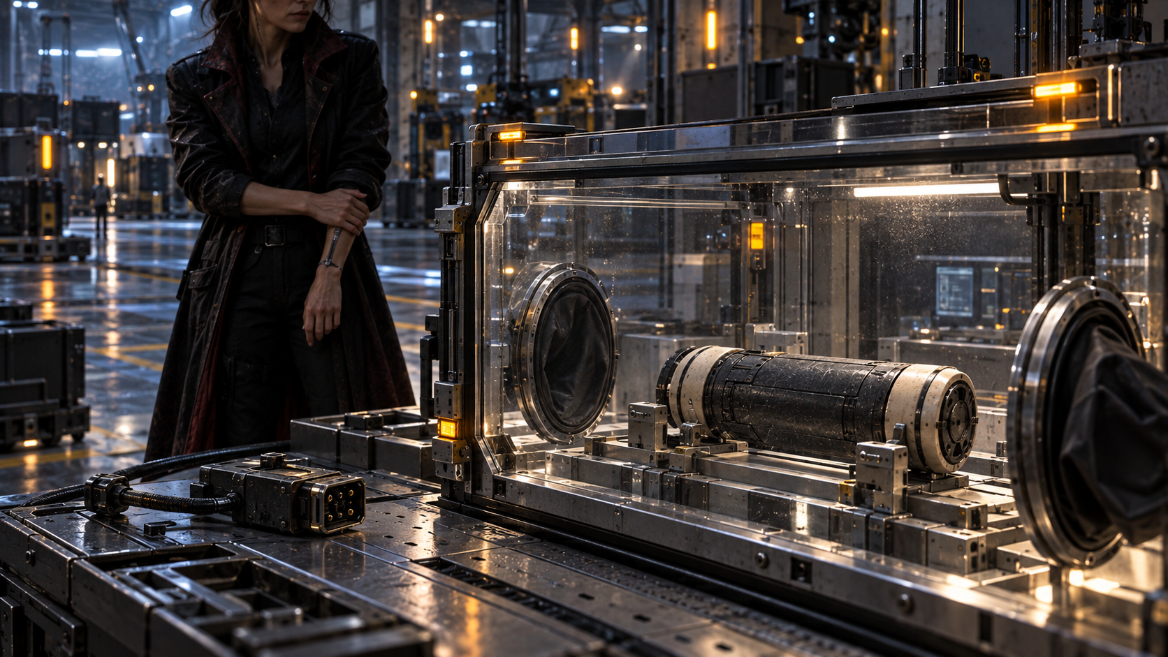 Leila stands away from the cylinder inside its shielded inspection hood.