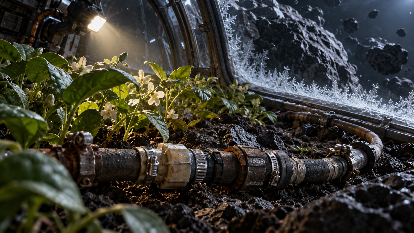 Flowering plants grow beside irrigation hoses bearing successive repairs.