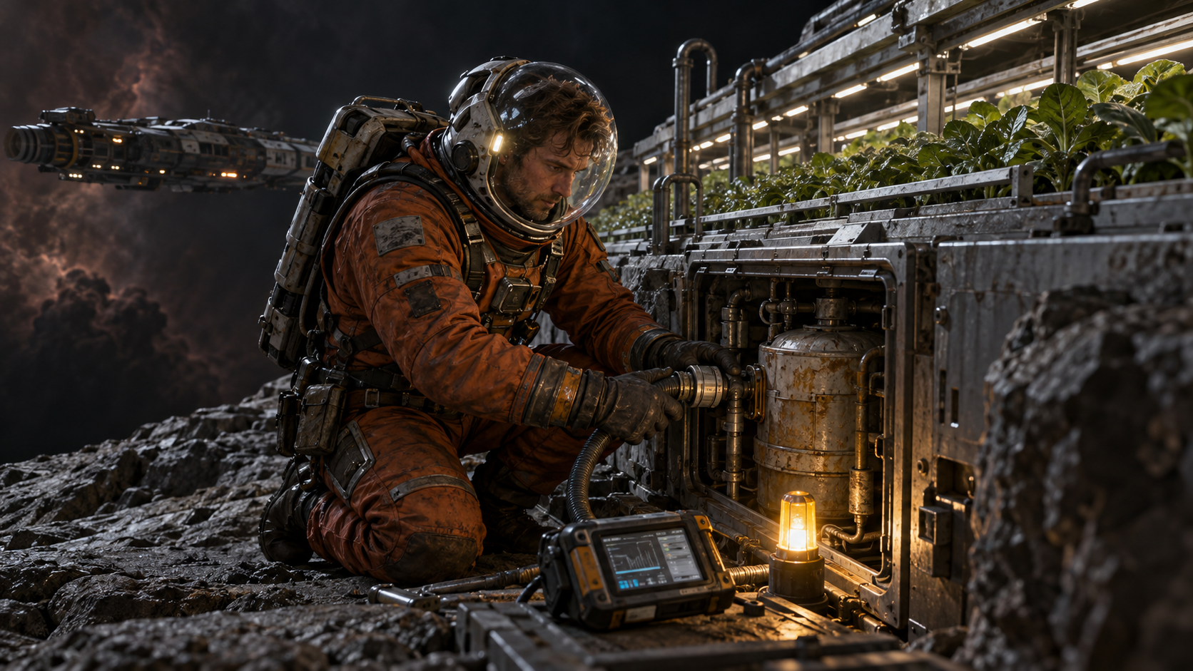 Saul connects a transfer hose to a service reservoir beside the enclosed garden.