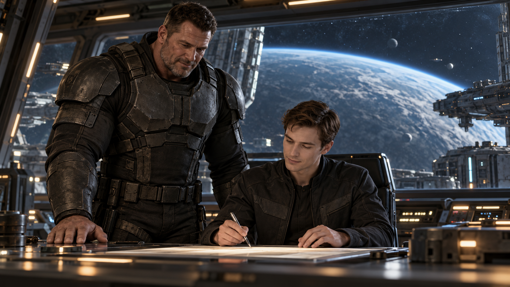 Lloyd revises a contract with Brick beside him on the Gemini Star.