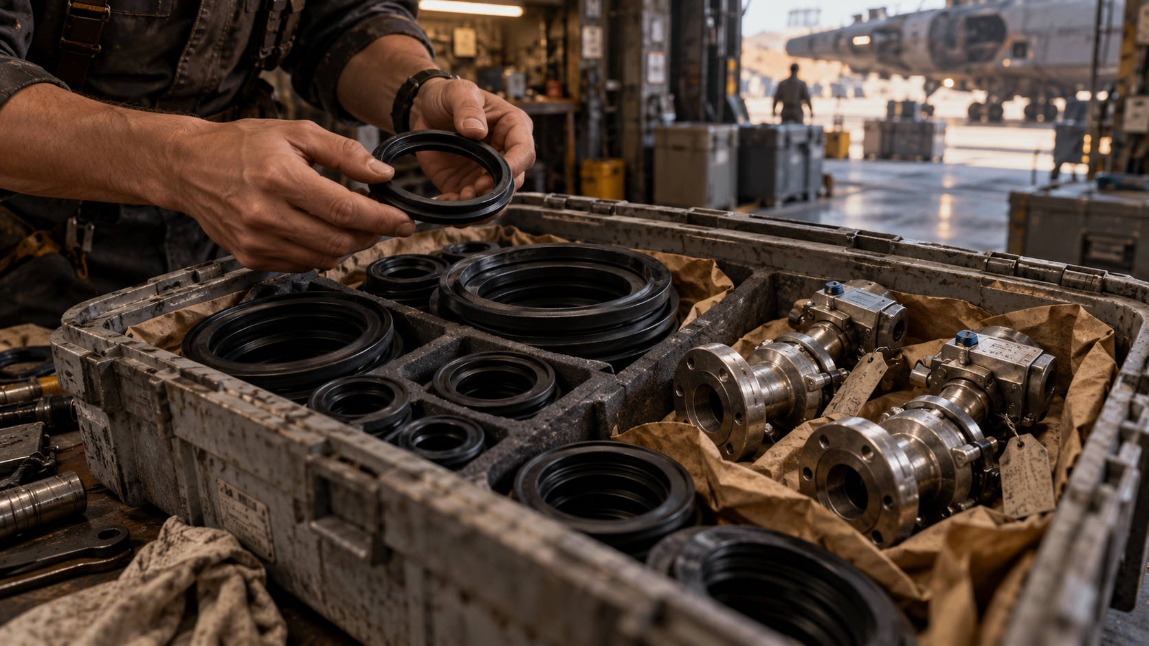 Replacement seals and valve assemblies are packed for transport.