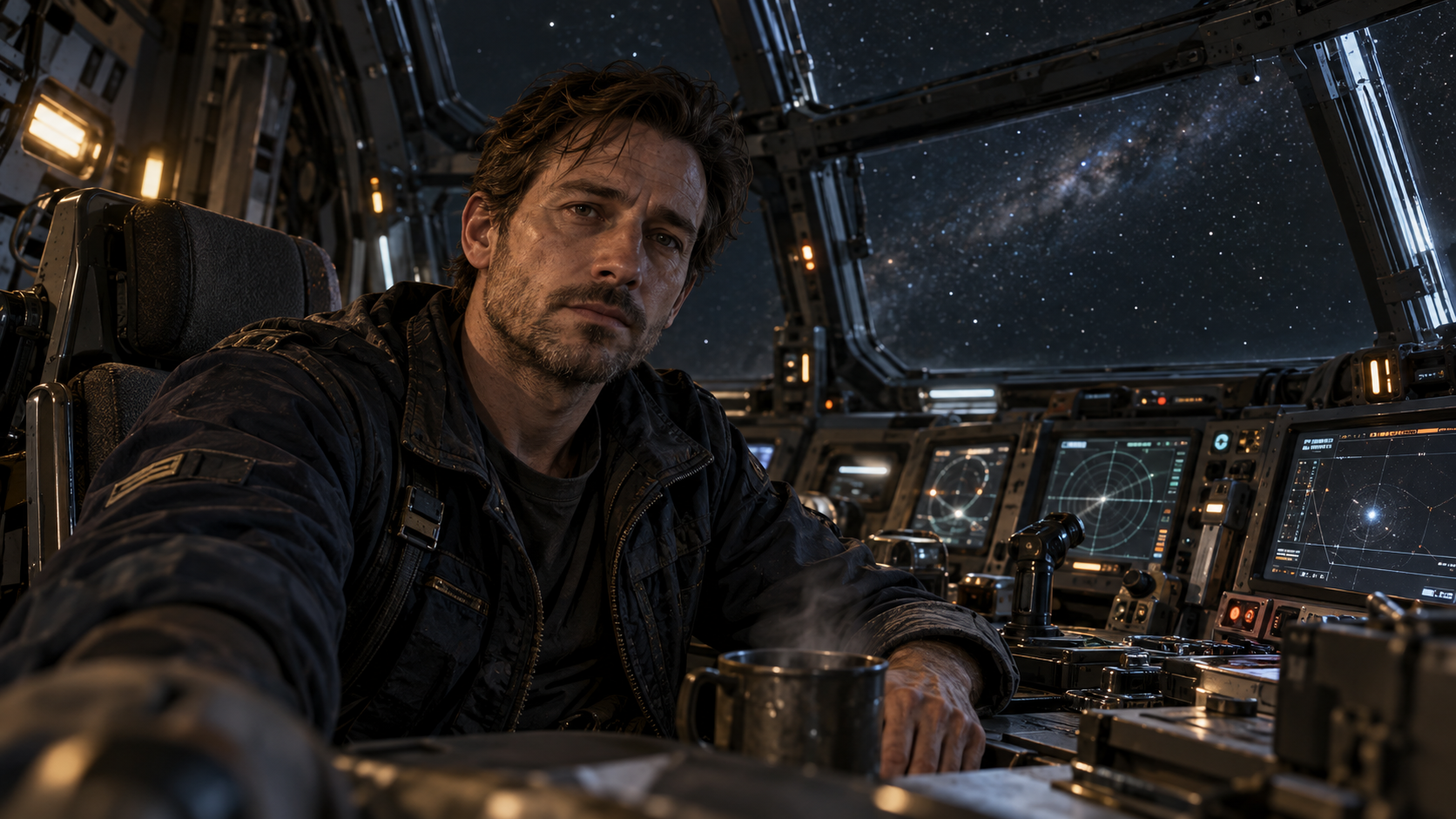 Nolan records a message from his modest cockpit.