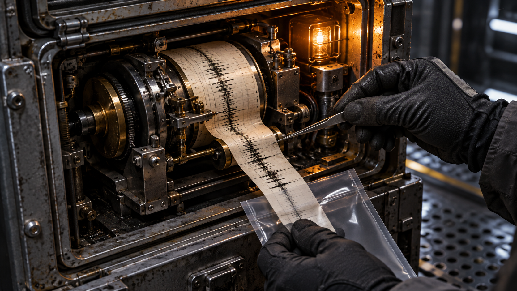 An inspector preserves a strip from a mechanical event recorder.
