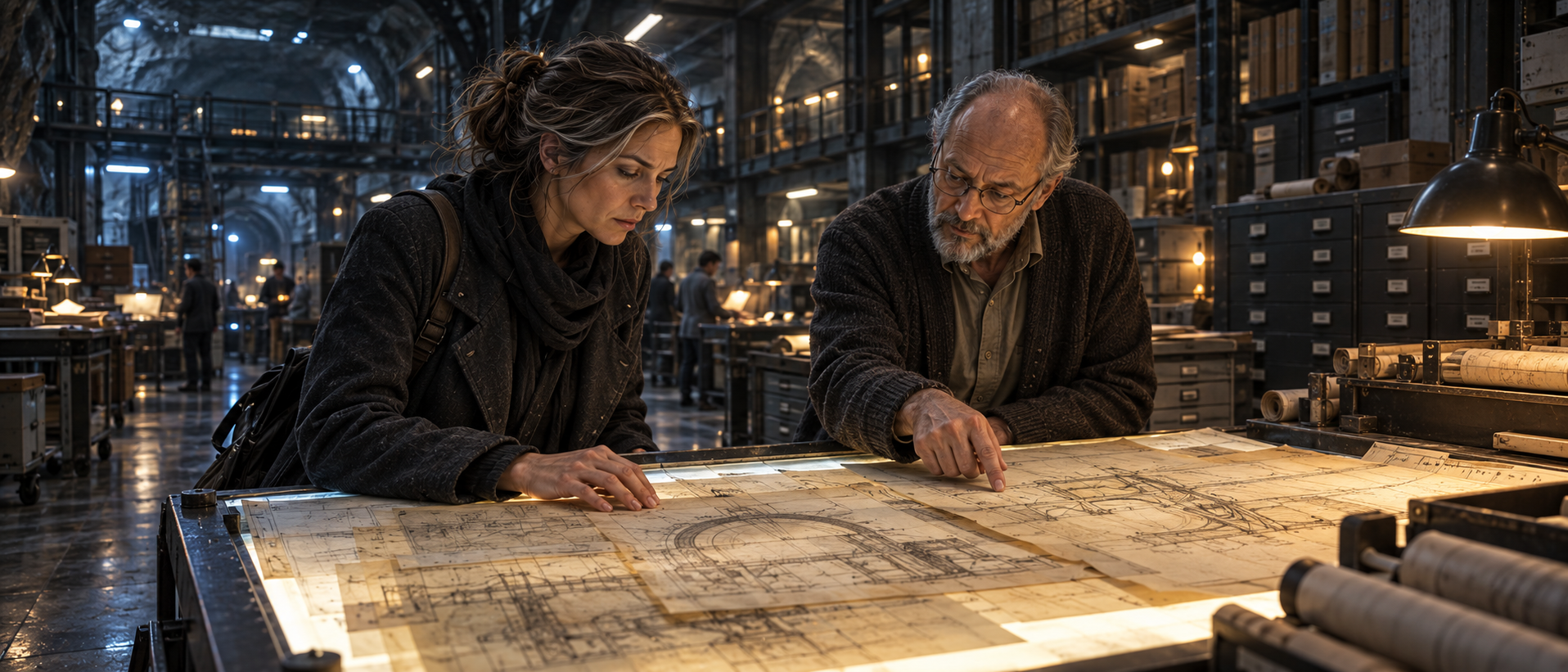 Maris and Oren compare old plans in an underground civic archive.