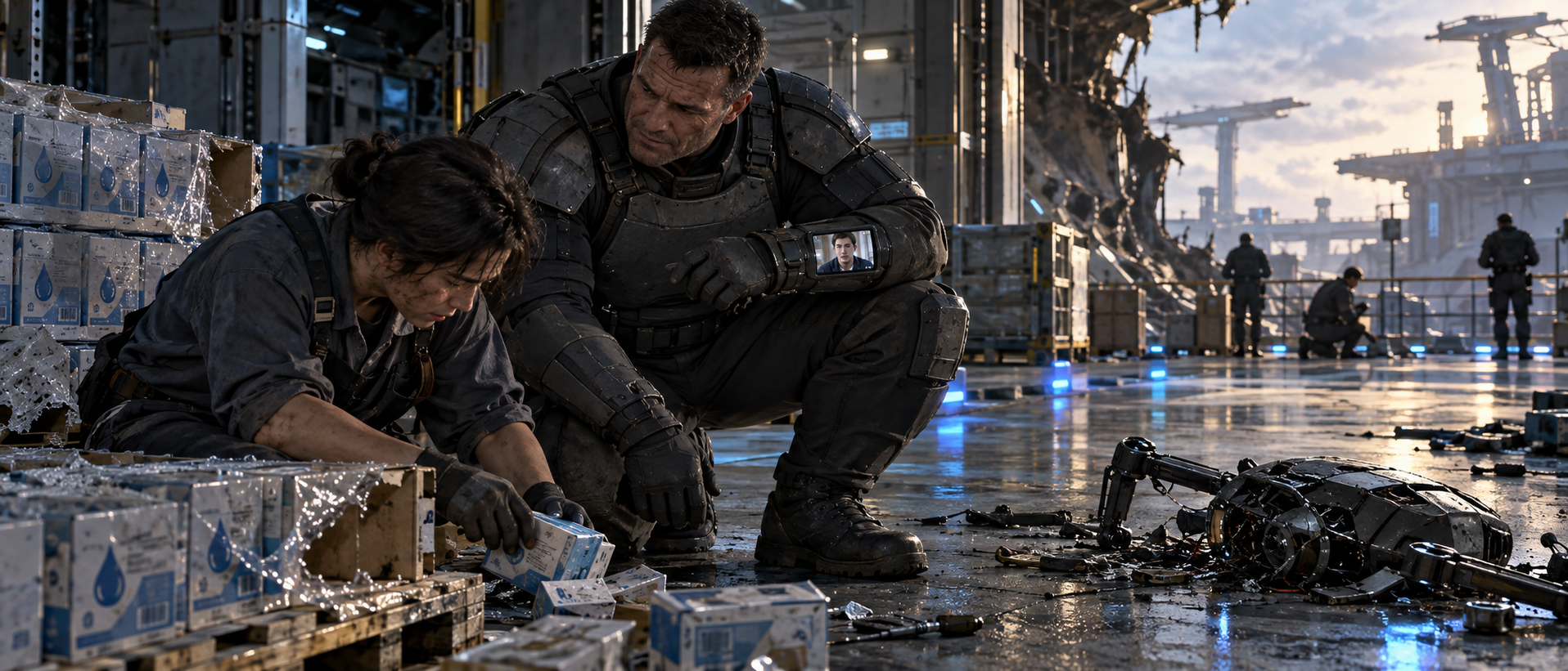 Brick helps a depot cleaner sort water-filter cartons after the heist.