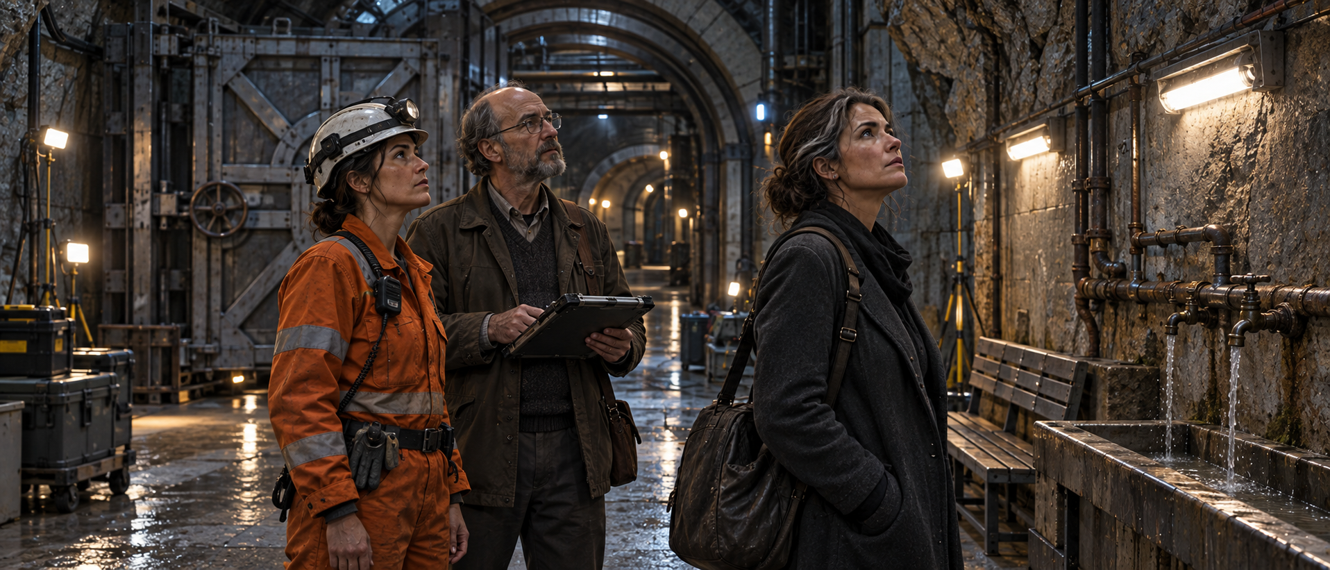 Maris, Oren and an inspector examine an old refuge passage on Argos.