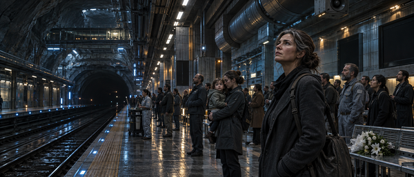 Maris and commuters wait on a dim underground platform on Argos.