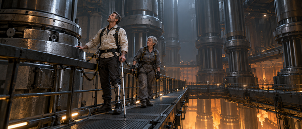 Ripley and Iona watch immense stopped pistons from a service bridge on Revelation.