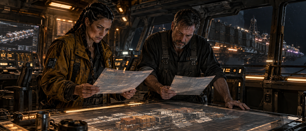 Jade and Tomas examine crew manifests aboard the Iron Everest.