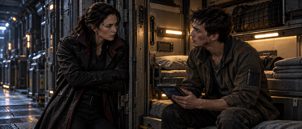Leila negotiates with Tavi at the hatch of a passenger compartment.