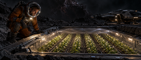 Saul examines seven rows of plants beneath a low transparent enclosure on an asteroid.