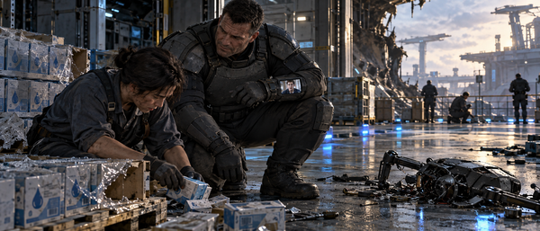 Brick helps a depot cleaner sort water-filter cartons after the heist.