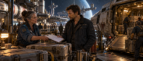 Nolan and Hessa discuss a small cargo beside the Silent Void at Harrow Reach.
