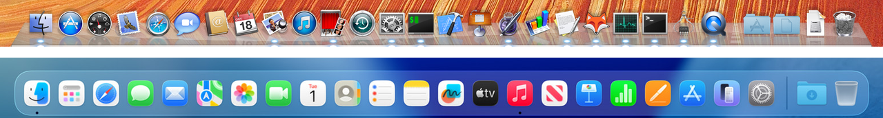 The glossy Snow Leopard Dock above the flat glass Dock in macOS Tahoe