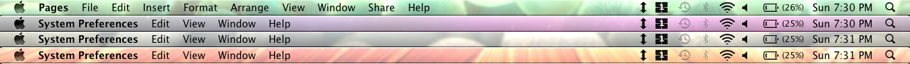 Four Snow Leopard menu bars showing different wallpapers through the translucency