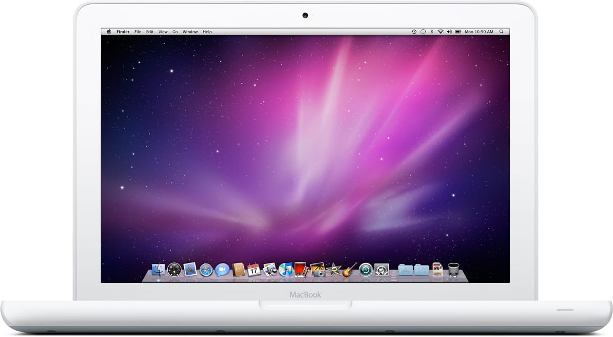 The white unibody MacBook (late 2009) showing the Snow Leopard desktop
