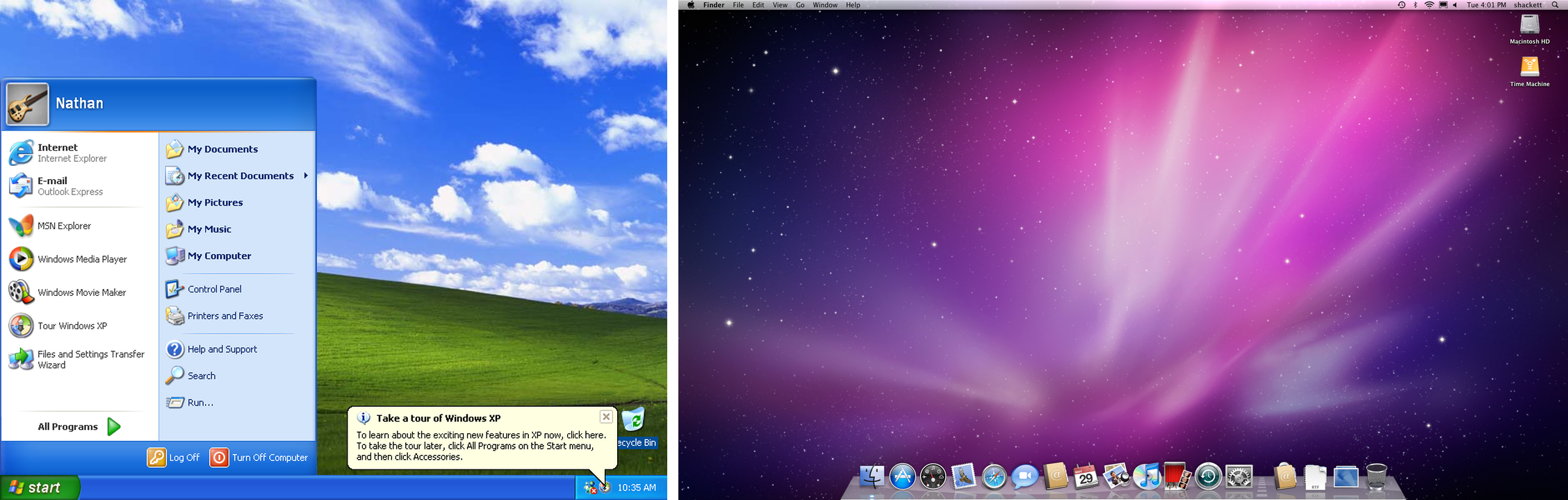 Windows XP default desktop with the Start menu open, next to the Mac OS X Snow Leopard desktop