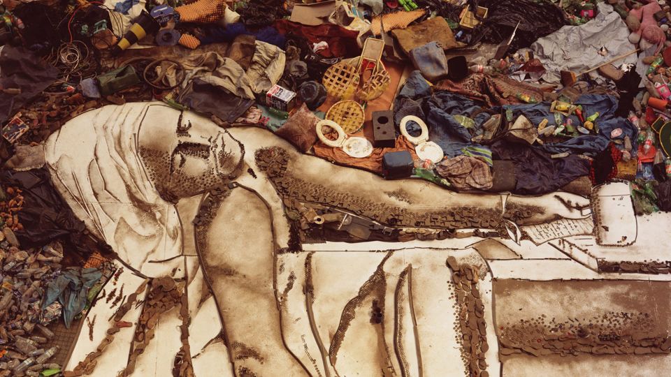 Detail of Vik Muniz's artwork “Marat (Sebastião),” from his “Pictures of Garbage” series, 2008.