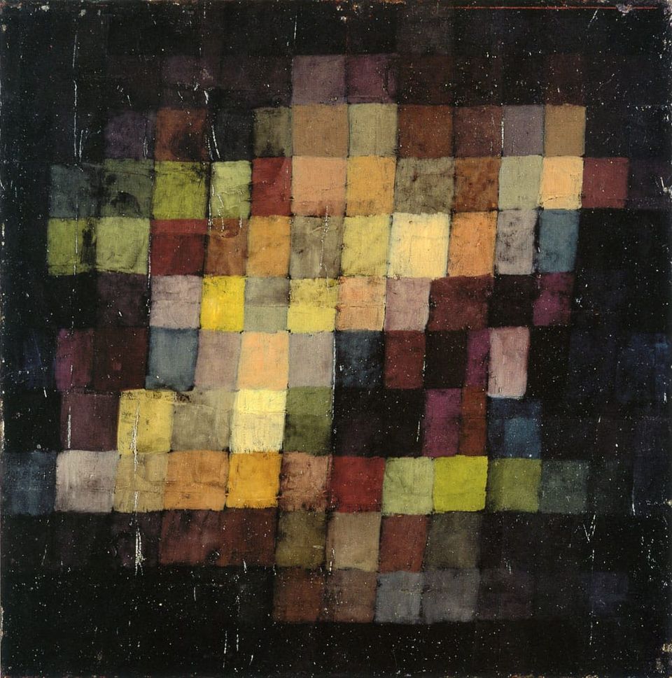 In Paul Klee’s painting, Ancient Harmony, blocks of yellowish colors fade into the darkness behind them.