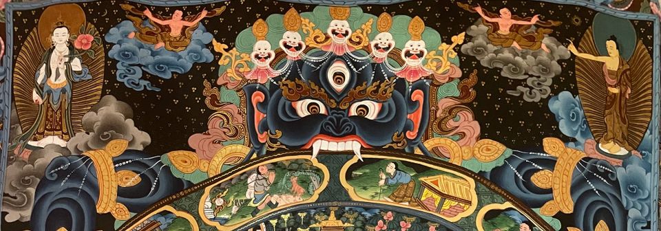 detail Wheel of Life (Bhavachakra) Tibetan thangka painting, depicting the cyclic nature of existence
