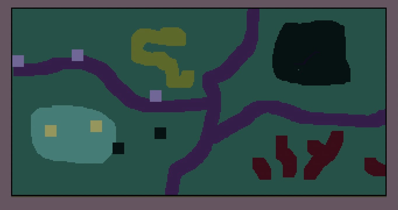 A simple scene drawn in Aseprite, showcasing a palette made of darker colors meant to represent decay and the unknown.