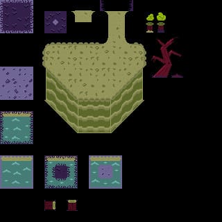 A tileset containing grass, dirt, water, trees, and a plateau.