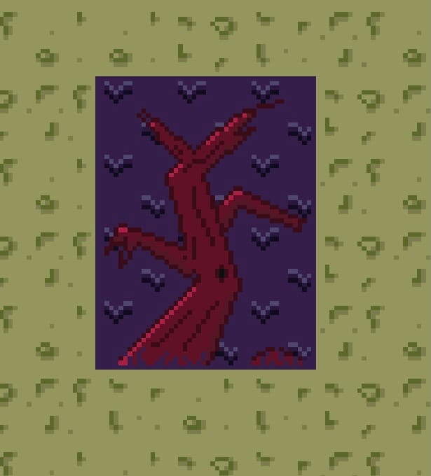 A pixel tree surrounded by a plateau. The tree's transparency has deleted part of the plateau, exposing the grass underneath.