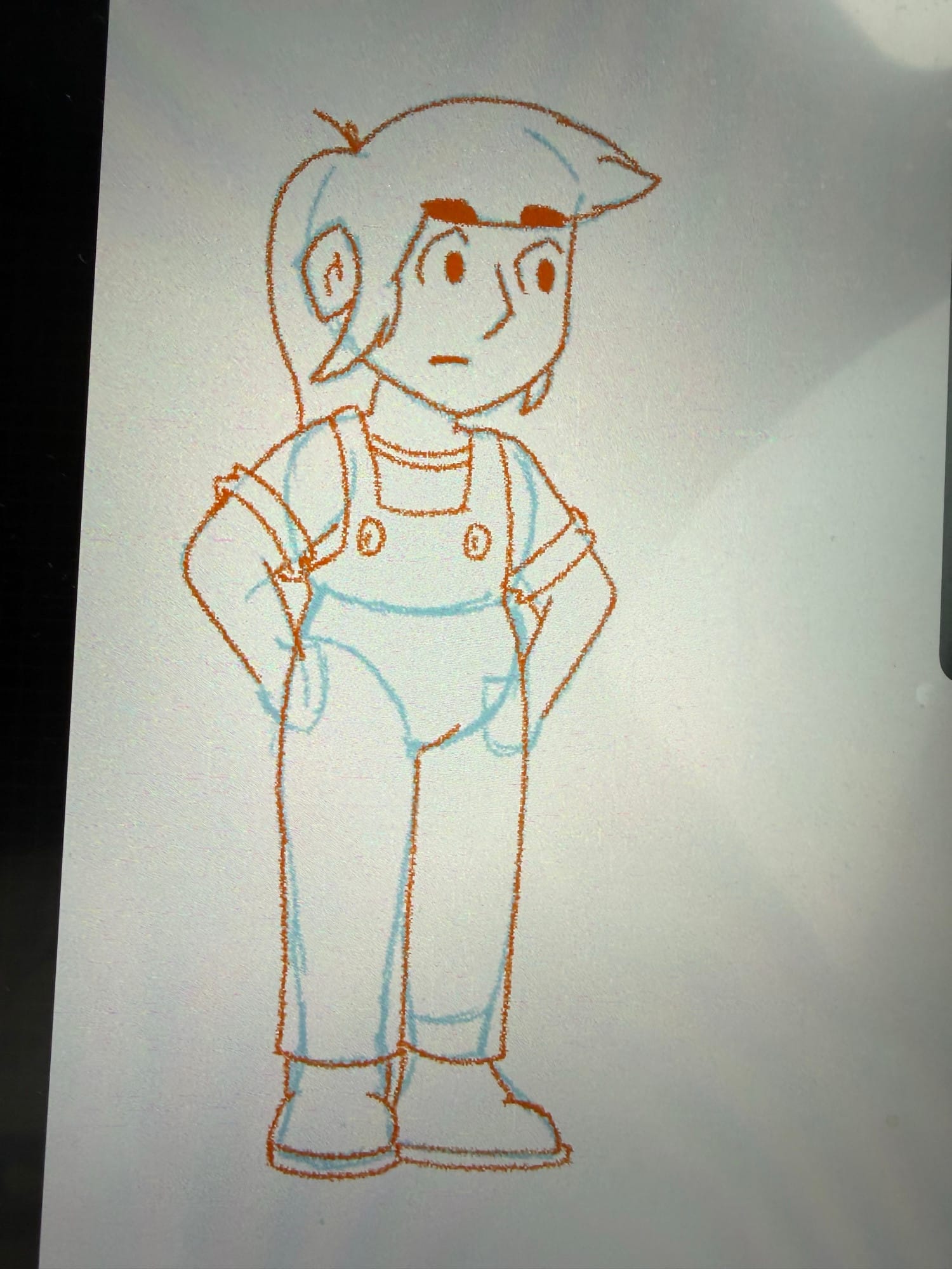 An orange pencil drawing of a girl in overalls.