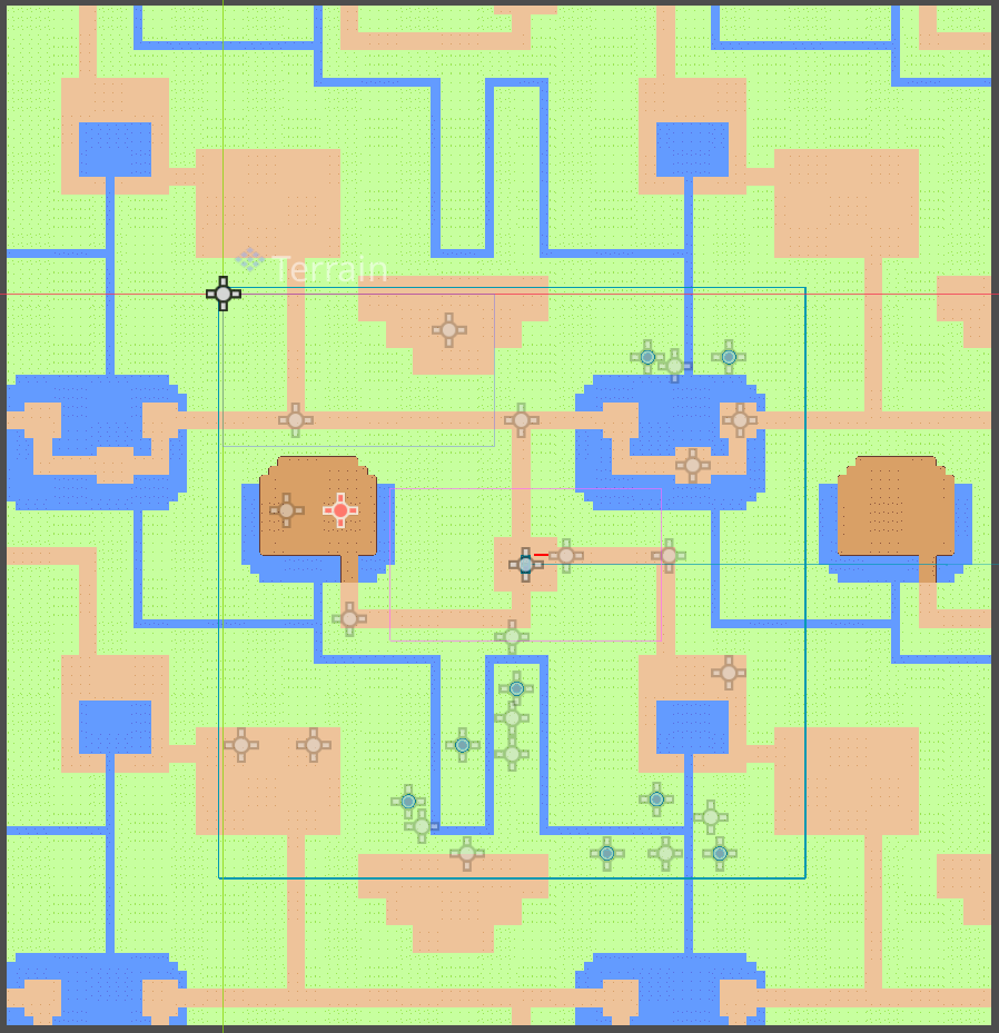 A simple video game map made of 16x16-pixel tiles, 64 tiles wide by 64 tiles long.