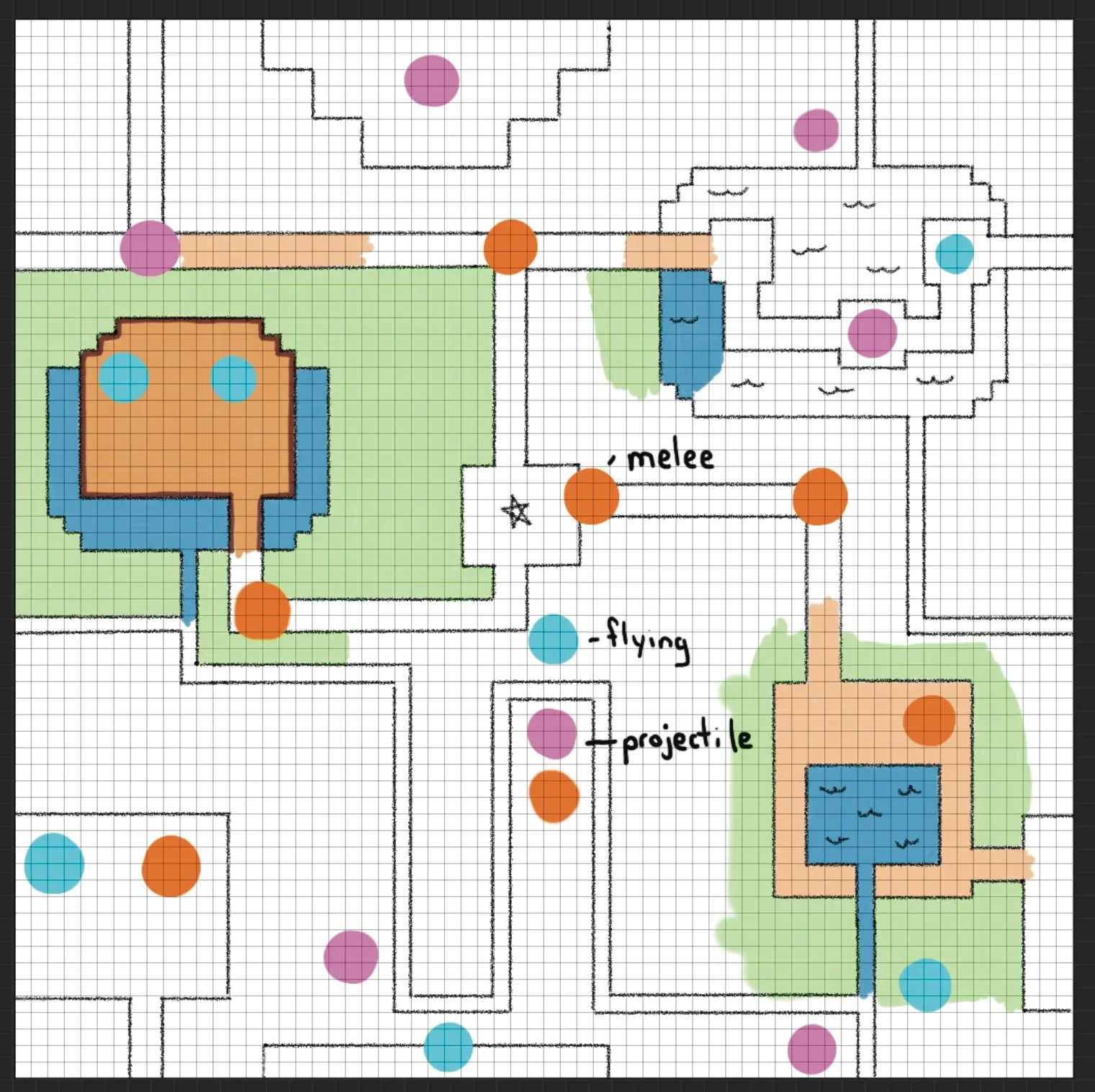 A sketch of BDitH's prototype map, with sections colored in to show how well the colors mesh. Teal, lilac, and orange dots represent enemy placement.
