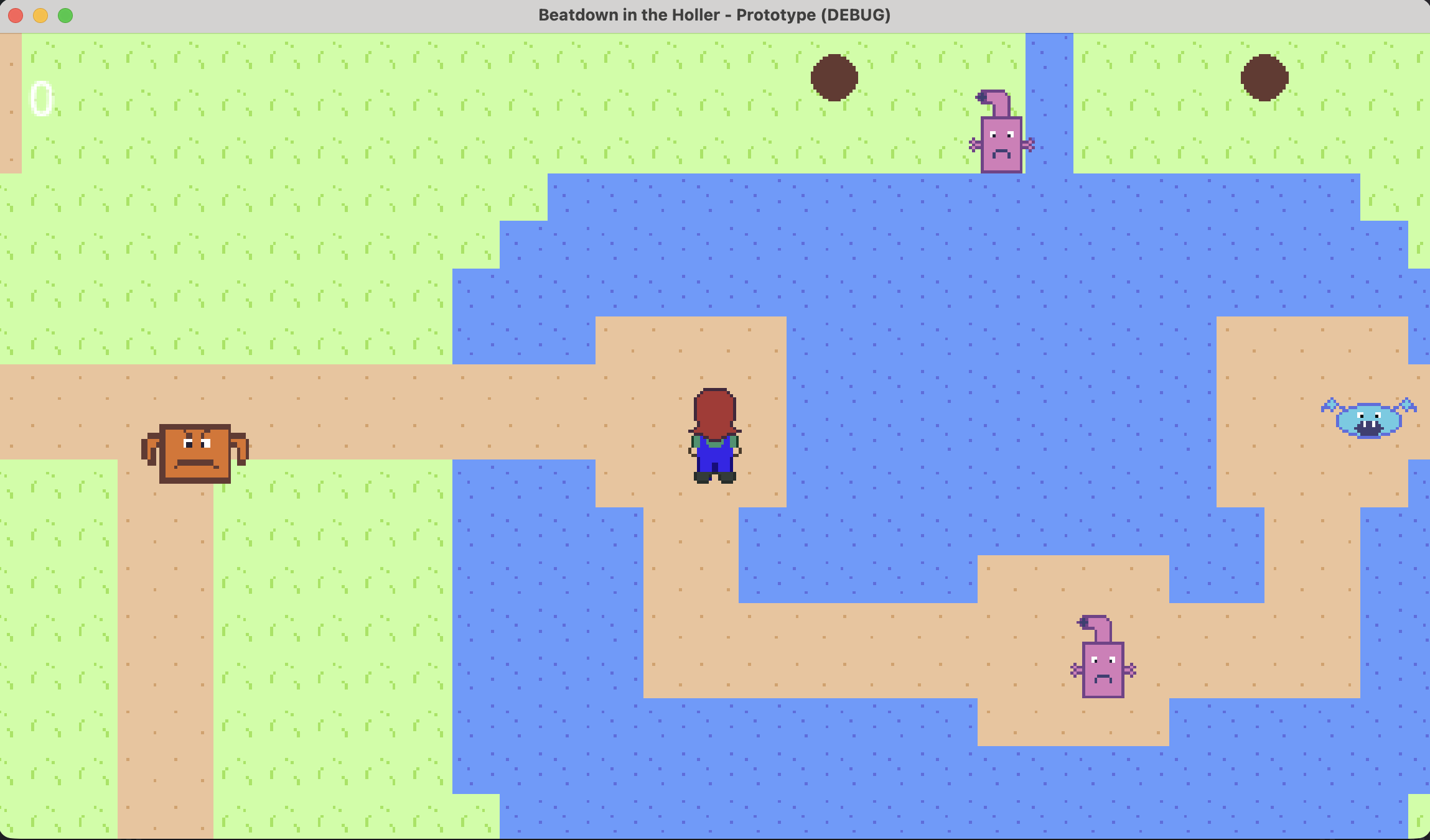 A screenshot showing Zel, four enemies, and two grappling posts.