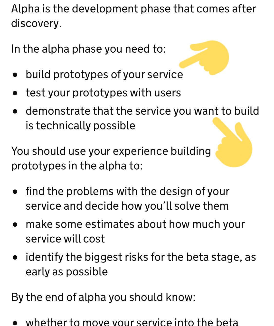 A grab from the gov.uk service manual, showing an opening section from the page on alpha