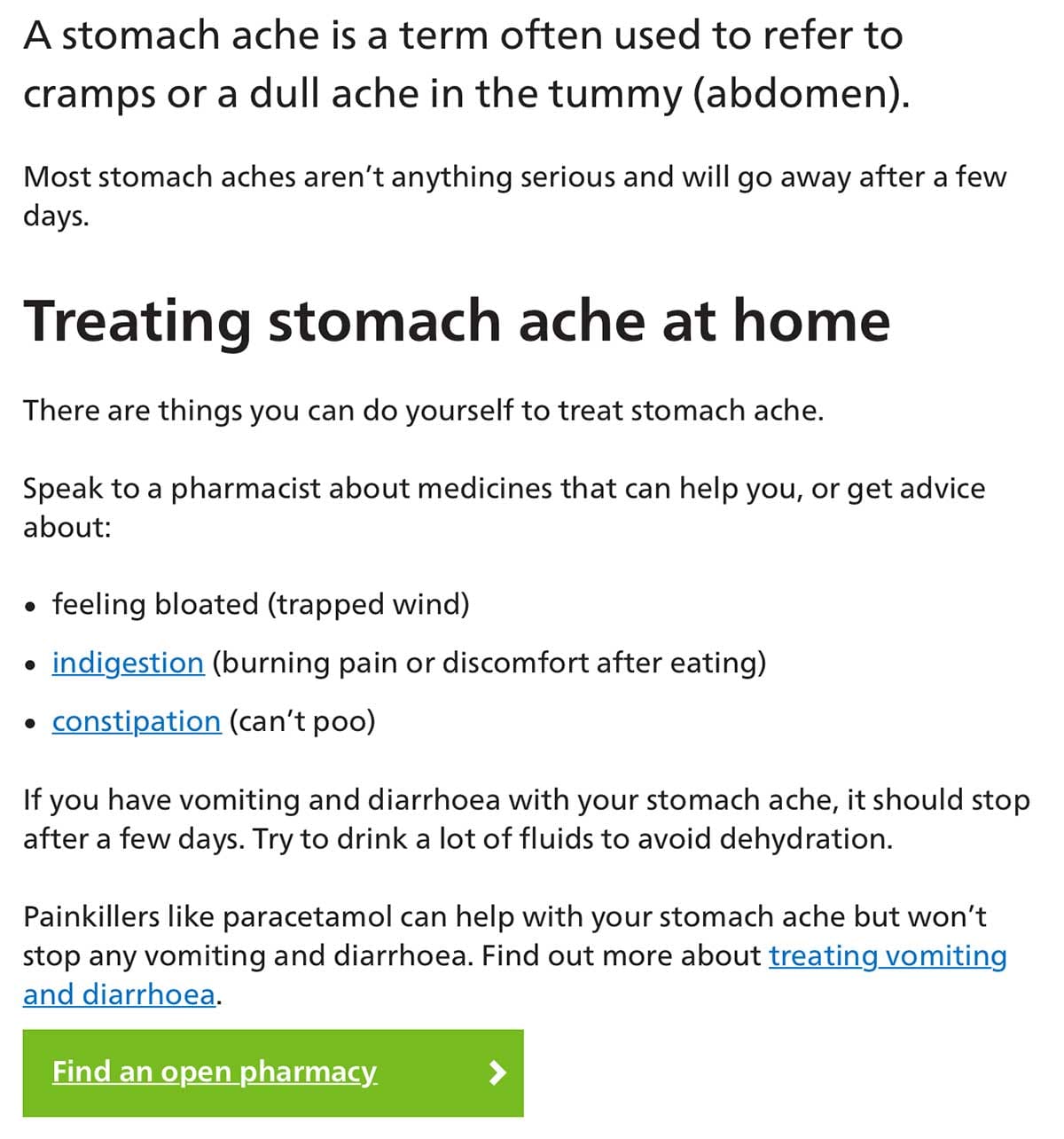 Screen grab of the stomach ache symptoms page