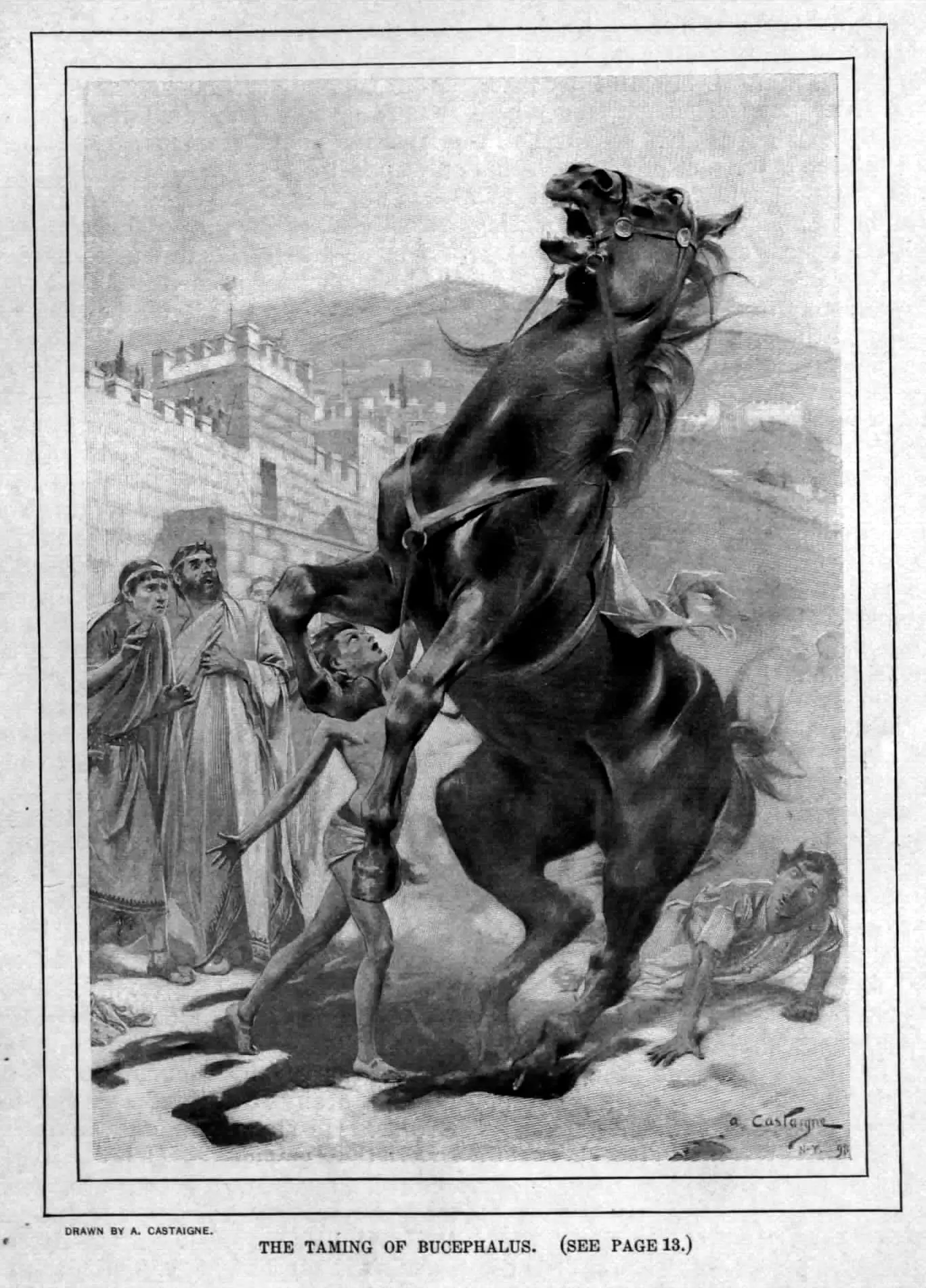 Ilustración de Alejandro Magno domando a Bucéfalo, el caballo encabritado ante la corte de Macedonia, obra de André Castaigne.