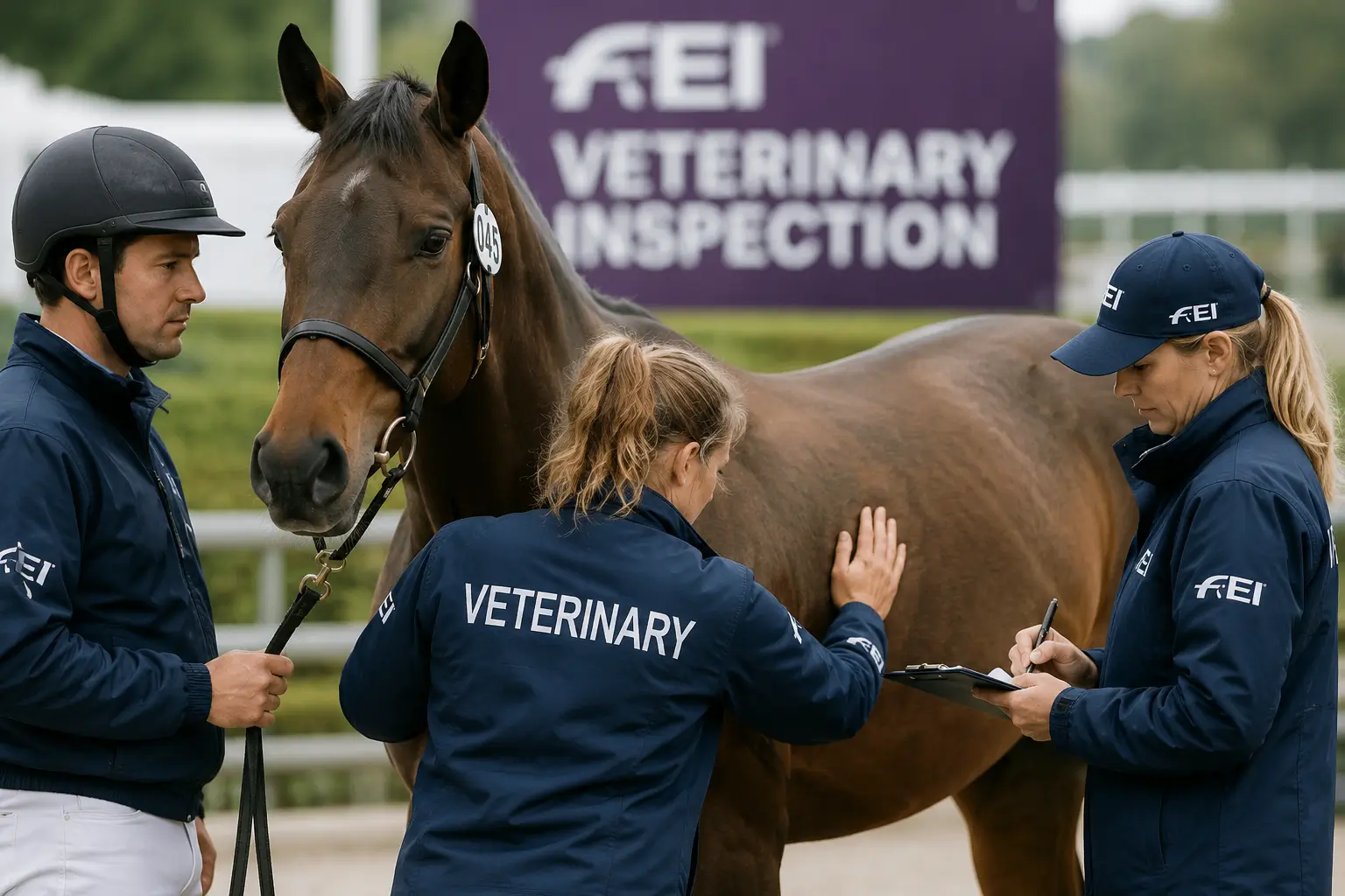 Equipo veterinario de la FEI inspeccionando a un caballo antes de la competencia, bajo el cartel "FEI Veterinary Inspection".