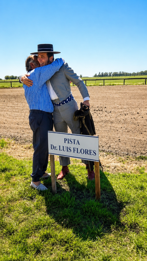 Sebastián Morando abraza al Dr. Luis Flores junto al cartel "Pista Dr. Luis Flores" en el campo del jinete.