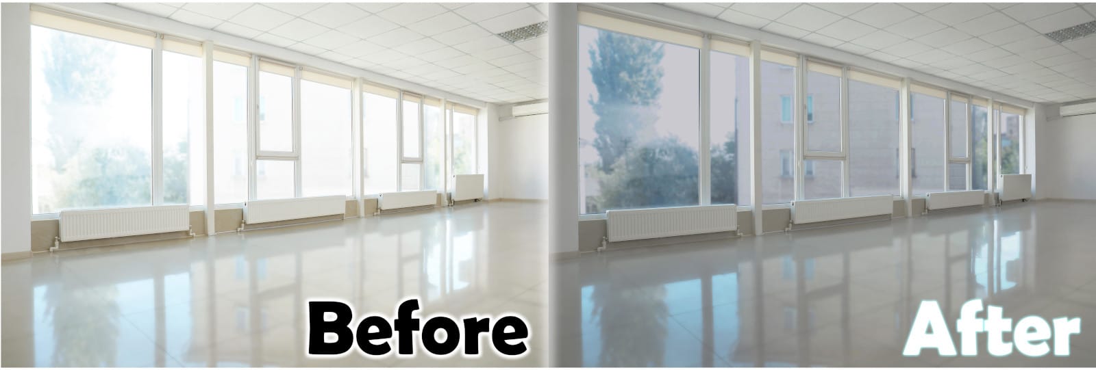 Before-and-after view of room lighting improved by window treatment.
