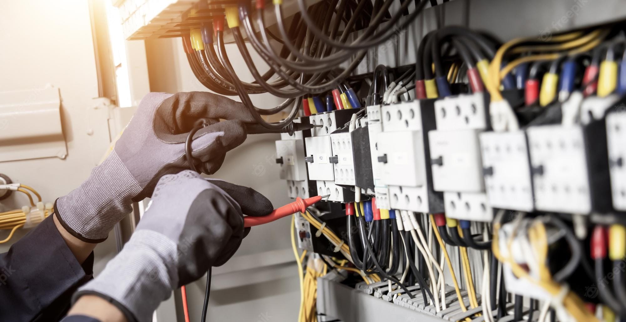 Electrician testing control panel wiring with multimeter and protective gloves.
