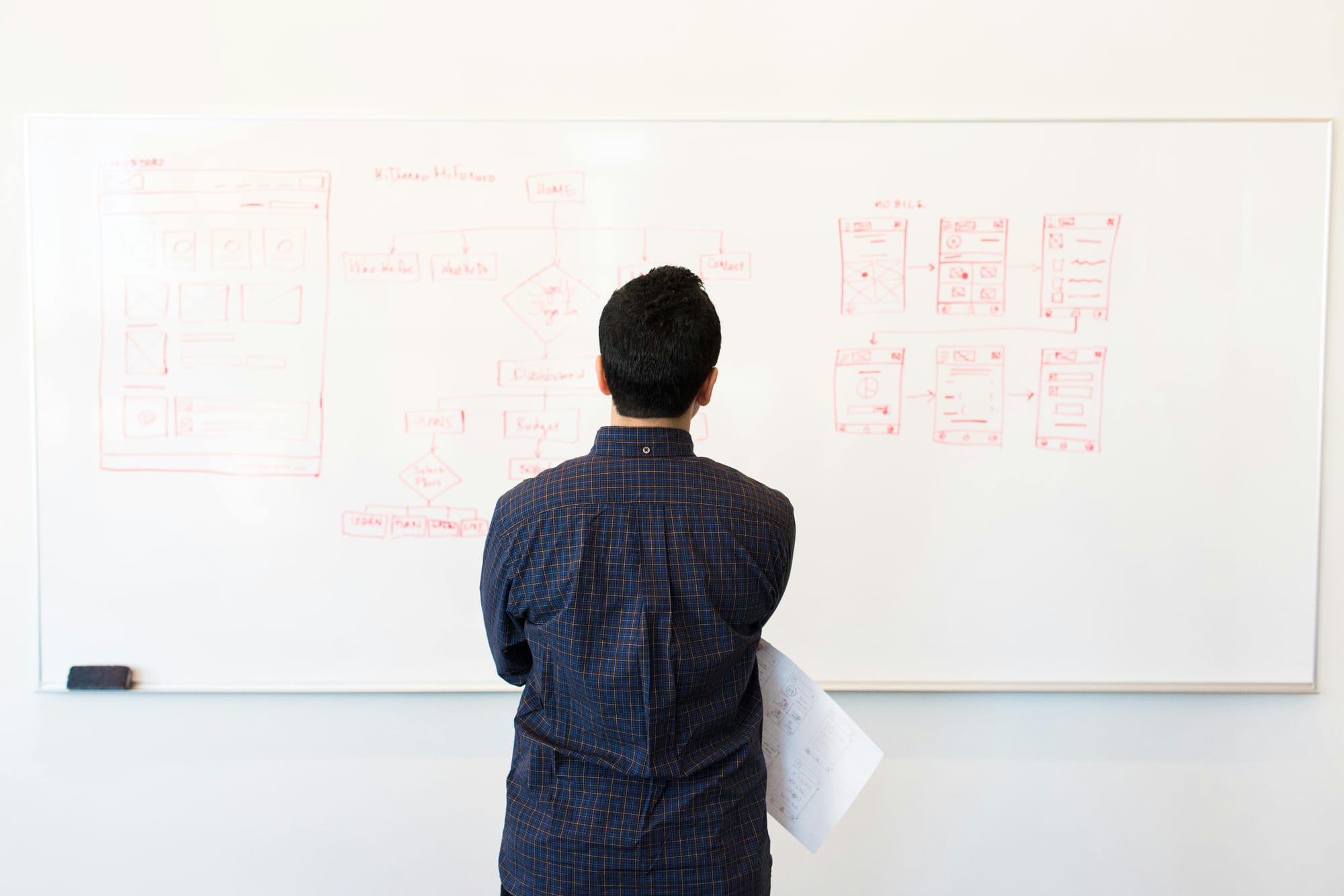 Person facing a whiteboard with a sketched flowchart, thinking through a set of options.