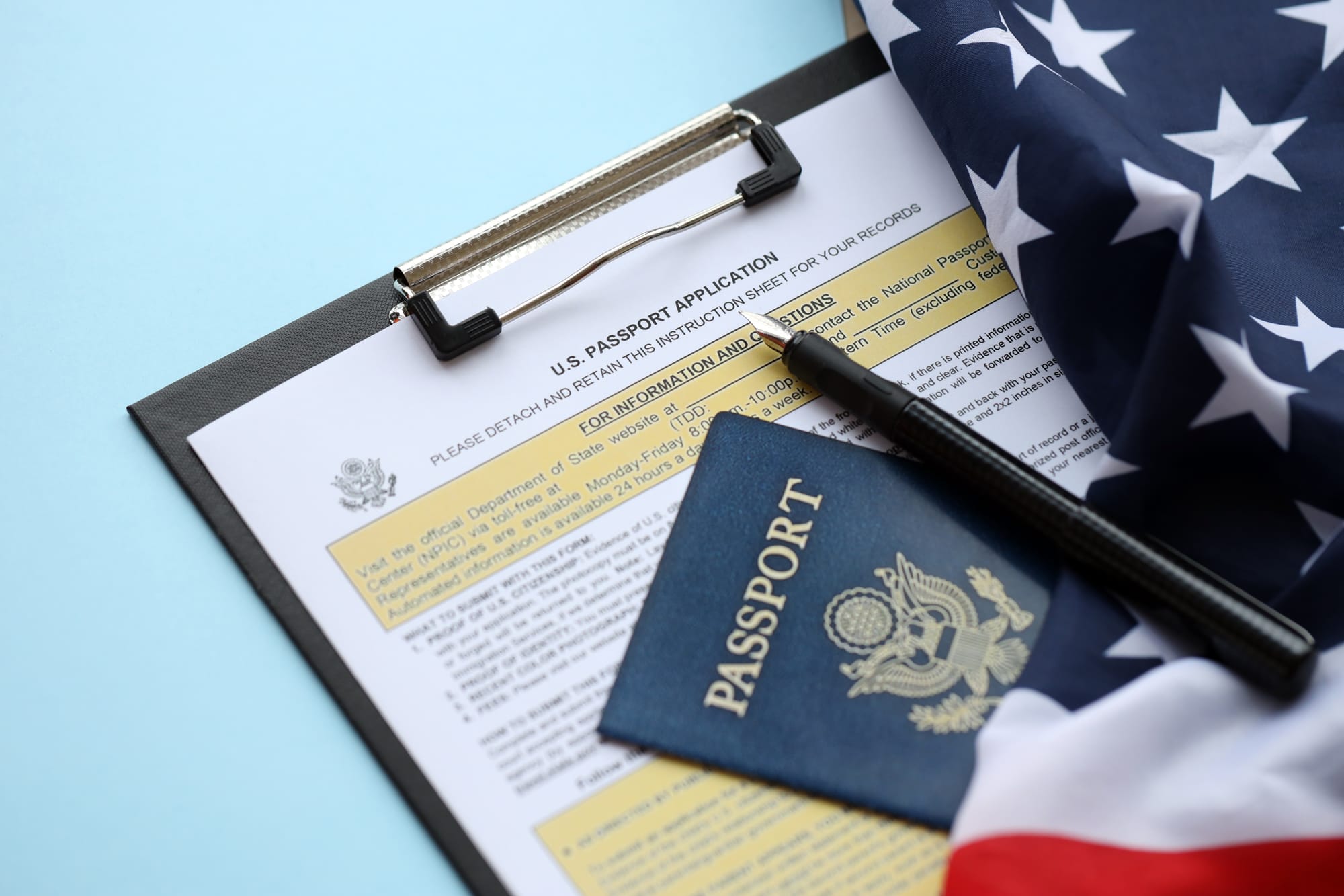 Passport paperwork with national symbols