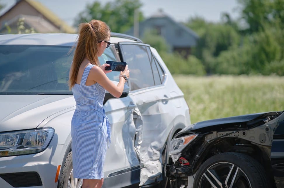 Side view of a woman in a blue dress photographing a dented white SUV and a crashed black car.
