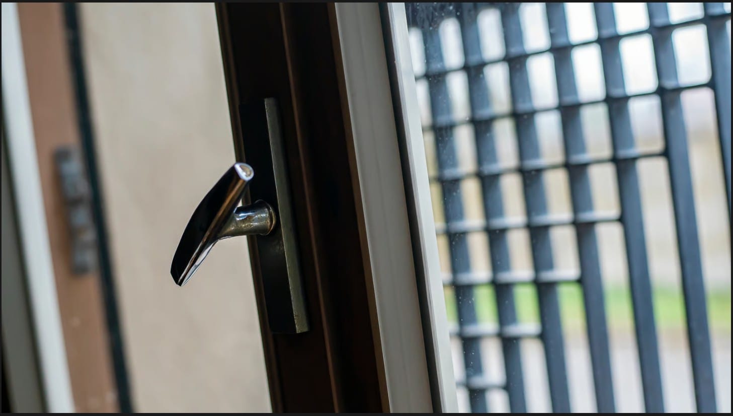 Modern window latch mechanism on glass treated with protective security window film for enhanced home safety.