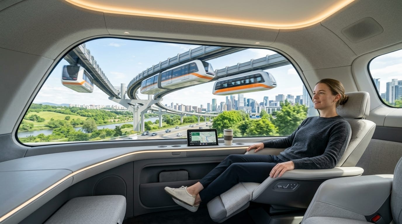 Passenger relaxing inside a modern autonomous vehicle pod overlooking elevated monorail tracks and city skyline.