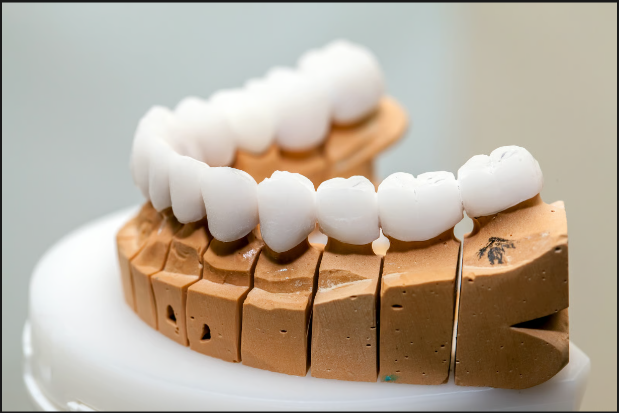 Custom dental bridge and porcelain crowns created in a prosthodontic lab for smile restoration.