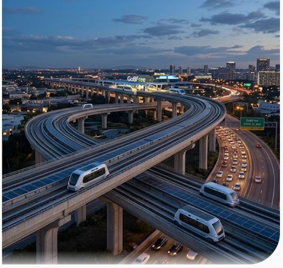 Aerial twilight view of autonomous electric pods navigating an elevated multi-tier rail network above a city highway.