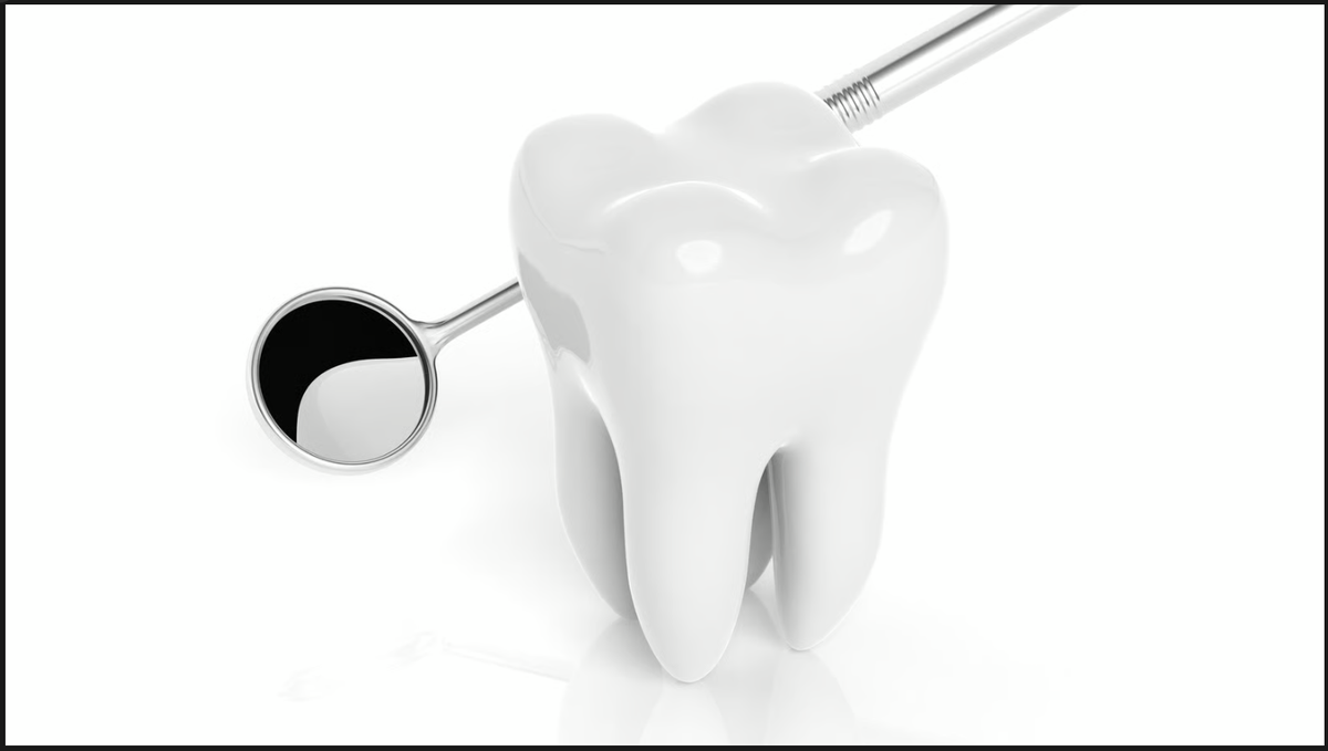 3D graphic of a clean white tooth model with a metal dental mirror against a plain white background.